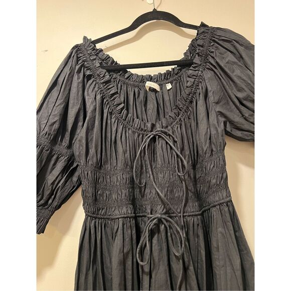 Doen Women's Black Puff Sleeve Ruffle Smocked Ischia Poplin Dress Large NWOT - Picture 11 of 16